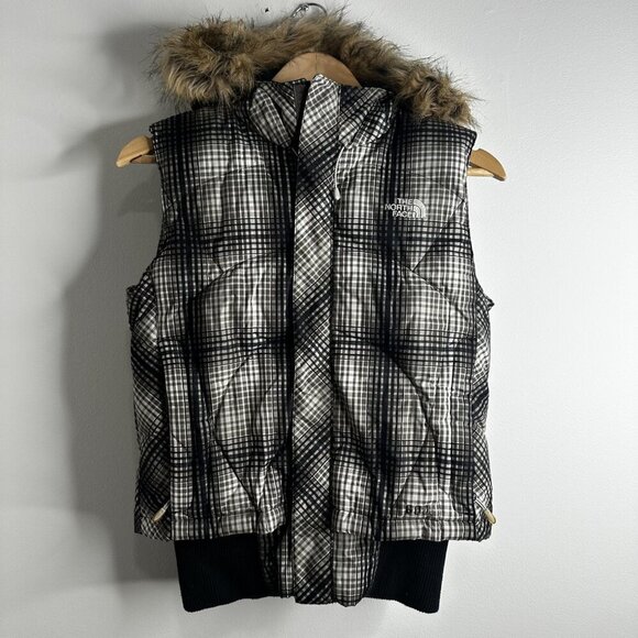North Face Vest Womens Small P Plaid 600 Down Fill Hooded Faux Fur Puffer Jacket - Picture 1 of 16